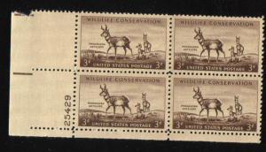 #1078  MNH Plate Block 4  3c Pronghorn Antelope 1956 Issue