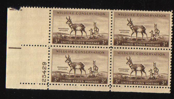 #1078  MNH Plate Block 4  3c Pronghorn Antelope 1956 Issue