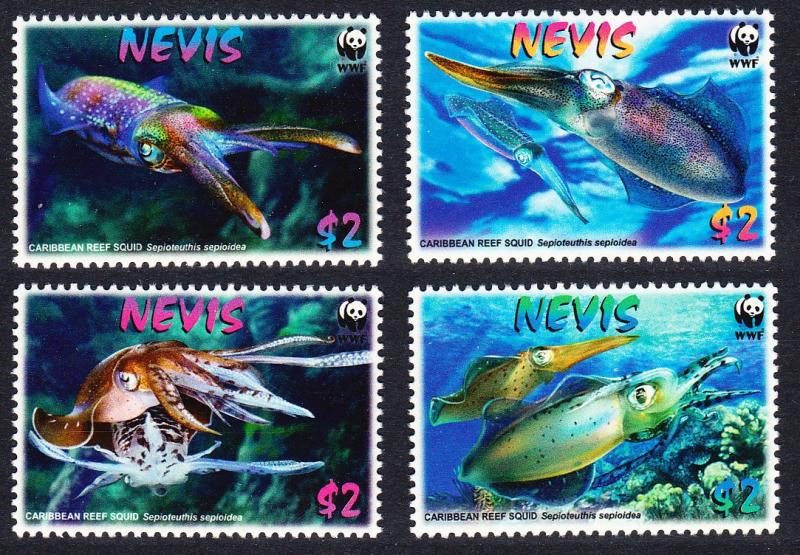 Nevis WWF Caribbean Reef Squid 4v SG#2155-2158 SC#2380-2383 MI#2380-2383