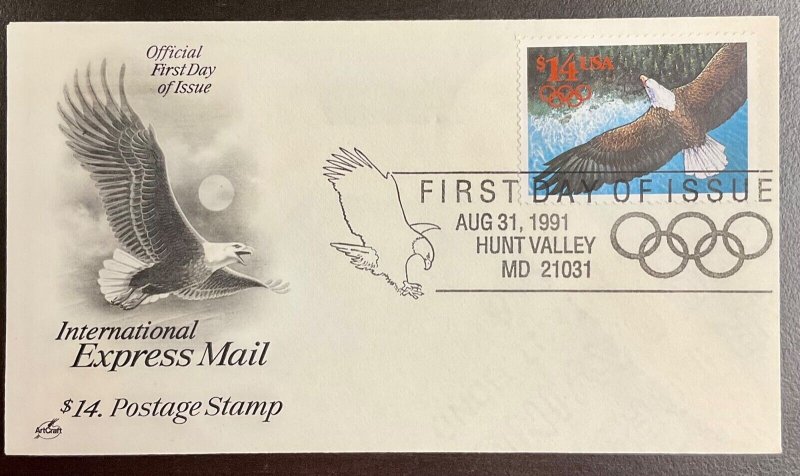 2542 Art Craft cachet Express Mail $14 Eagle in Flight Int’l Rate FDC 1991