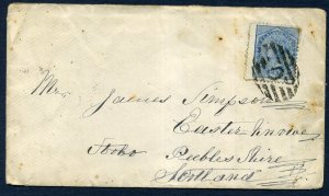 New Zealand 1875 6d 1st Sideface cover sent Dunedin 1875 to Stobo Scotland