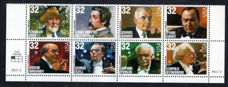 SC# 3158-65 - (32c) - Composers & Conductors, MNH Plate BLock/8 - Plate # P22222