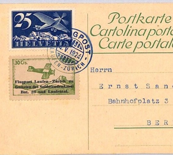 SWITZERLAND Air Mail 1924 Laufen Zurich *Soldier's Memorial* Label Card ZD142