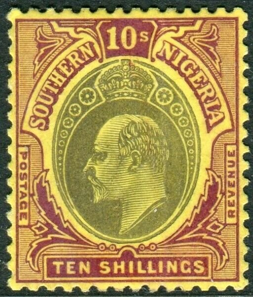 SOUTHERN NIGERIA-1908 10/- Grey-Black & Purple/Yellow.Lightly mounted mint Sg 31