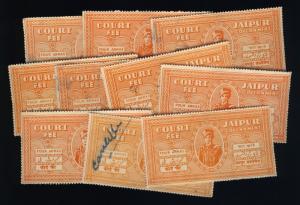 INDIA - JAIPUR Court Fee Revenue Stamp Four Annas Red-Orange x10 used examples