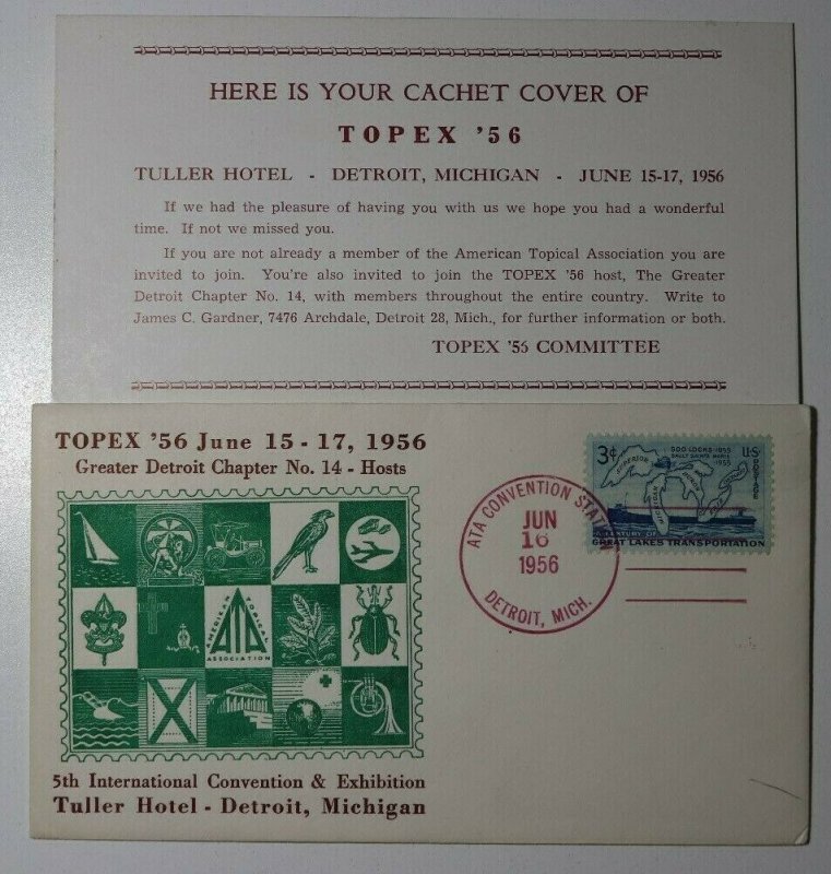 TOPEX ATA Conv Detroit MI 1956 Tuller Hotel Philatelic Expo Cachet Cover Set 6