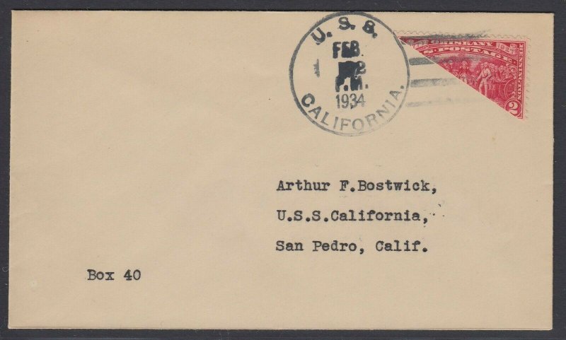 US Sc 644 - 1934 Diagonal BISECT on cover from USS California