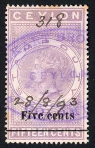 Ceylon Stamp Duty BF68 5c on 15c lilac wmk CA