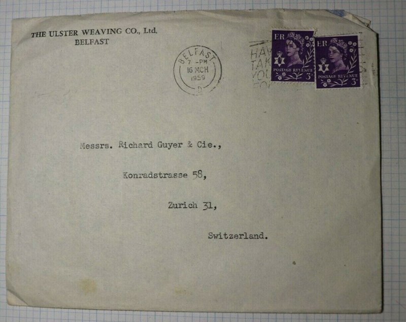 GB Belfast 1959 Used Cover Sc# Norhern Ireland Ulster Weaving