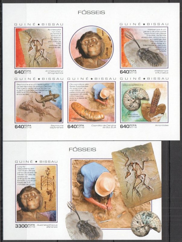 Dz0677 ! Imperf 2018 Guinea-Bissau Fossils Dinosaurs Fauna #10233-7+Bl1761 Mnh