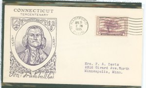 US 772 1935 3c Connecticut Tercentenary on an unaddressed, typed, FDC with an Grimsland Cachet