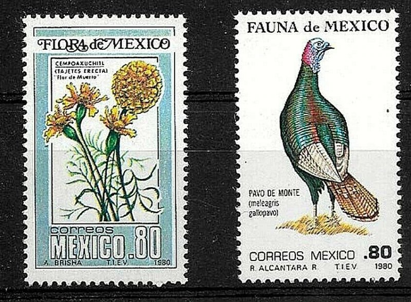 #901 MEXICO 1980 FAUNA FLORA BIRDS FLOWERS YV 891-2 MNH