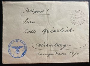 1939 Waffen SS Fieldpost Brunn Germany Stampless Cover To Nürnberg