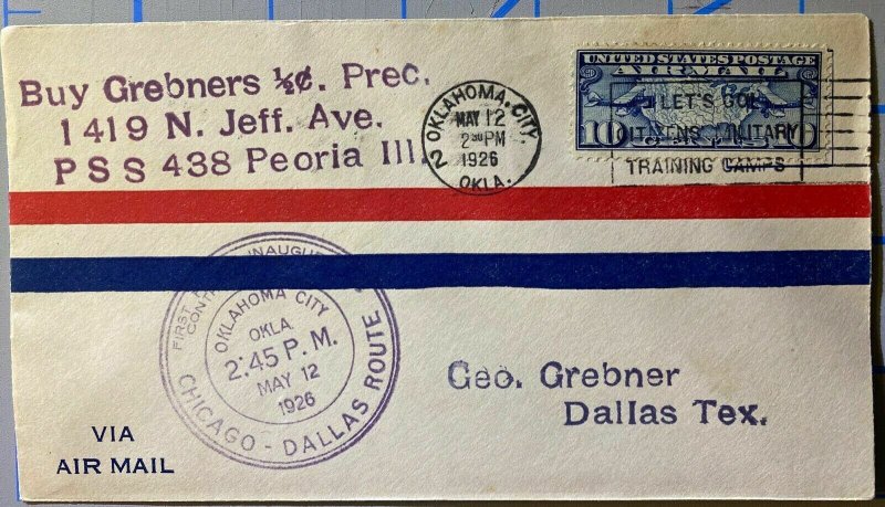 First Flight Geo Grebner Airmail envelope Oklahoma City 5/12/1926 #C7 Chicago 