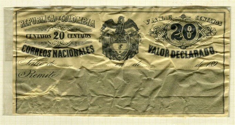COLOMBIA; 1890 classic CUBIERTAS Stamp fair unused 20c. item, 