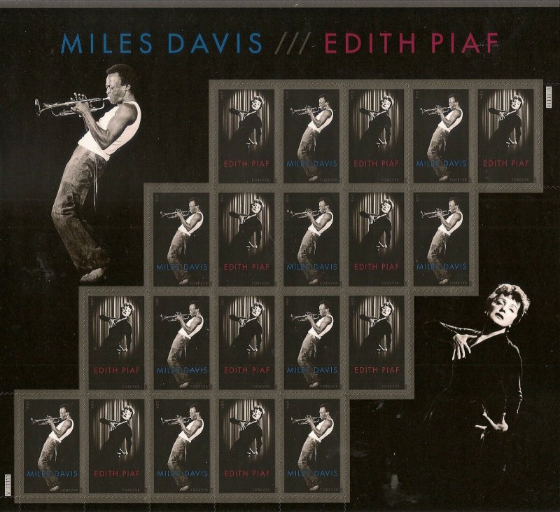 US 4692-4693 4693a Miles Davis Edith Piaf forever sheet (20 stamps) MNH 2012