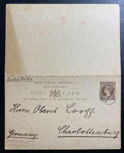 1891 Seychelles Postal Stationery Reply Postcard Cover To Germany