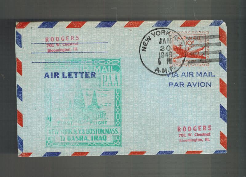 1949 New York Boston USA First Flight Aerogram COver to basra Iraq ...