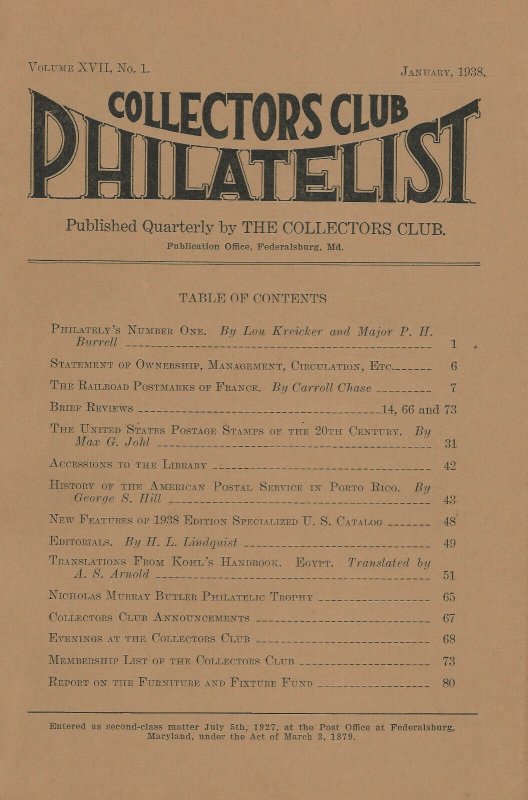 Lot of 10 Early Issues, Collectors Club Philatelist, July 1934 - Oct. 1938 