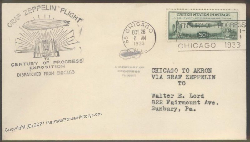 USA 1933 Graf Zeppelin Si244A Century of Progress C18 Cover Chicago Dispa 102362