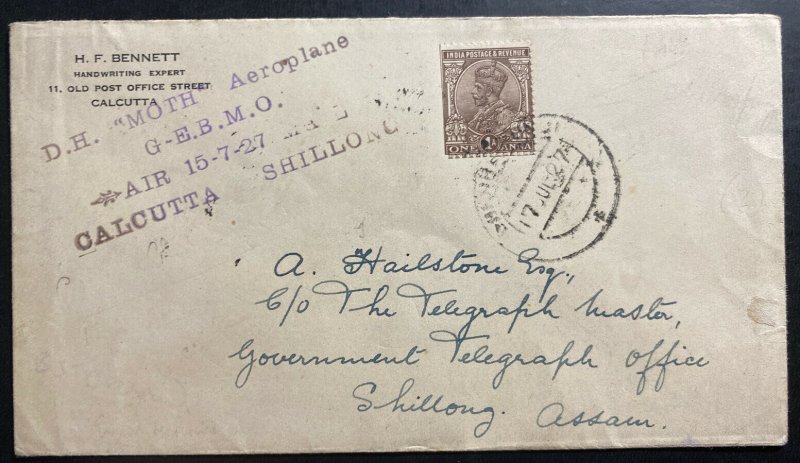 1927 Calcutta India First Flight Early Airmail cover FFC To Shillong