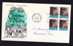 Canada #502 block  (1969 5c Christmas) Cole-A cachet FDC addressed -pen