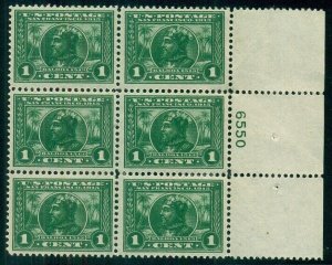 US #397, 1¢ Pan-Pacific, Plate No. Block of 6, og, LH, VF, Scott $300.00