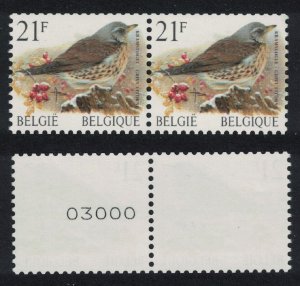 Belgium Fieldfare Bird Buzin 'Grive Litorne' 21f Roll Pair Control Number