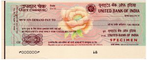 (I.B) India Revenue : United Bank of India Gift Cheque 51R (specimen)