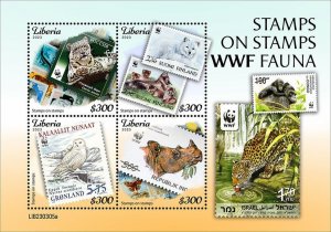 LIBERIA- 2023 - Stamps on Stamps, Fauna - Perf 4v Sheet - Mint Never Hinged