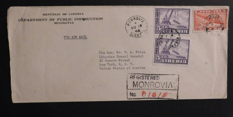1948 Airmail Monrovia Liberia to New York NY Consul General Registered