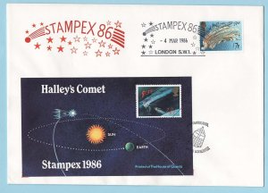 GB 1986 Stampex Halley's Comet souvenir sheet on cover, 4 March 86 special can