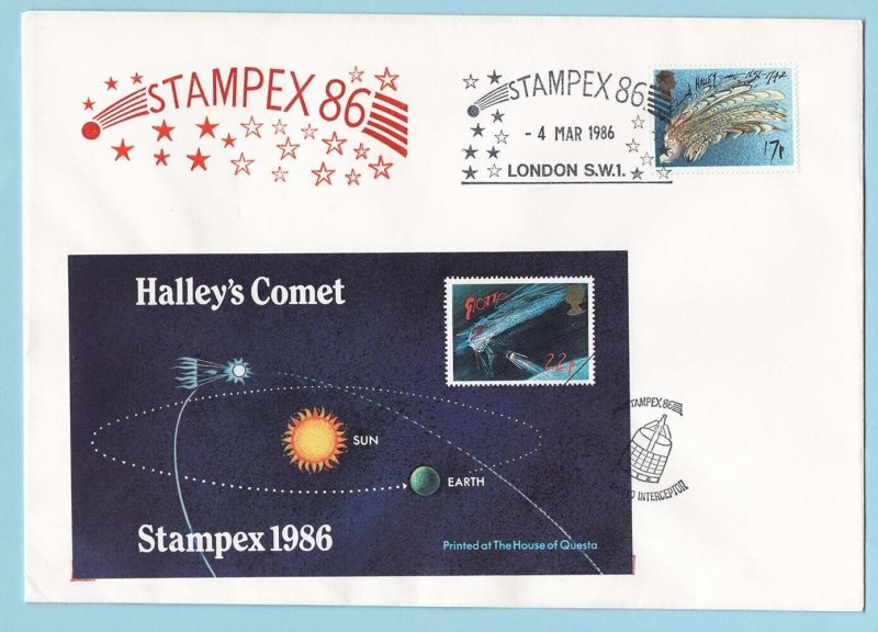 GB 1986 Stampex Halley's Comet souvenir sheet on cover, 4 March 86 special can