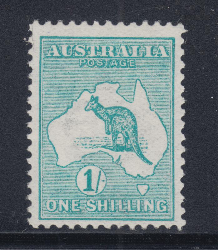 Australia Sc 10 MLH. 1913 1sh blue green Kangaroo, wide Crown & Wide A watermark