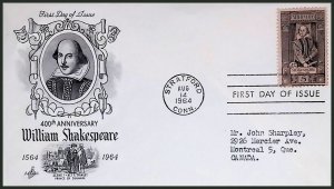 U.S.A. Sc#1250 400th Anniv. William Shakespeare Artcraft Cachet (1964) FDC