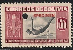 51040c  COLOMBIA -   SPORT: 1948 stamp overprinted SPECIMEN:  SWIMMING Diving