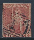 Barbados SG 11 SC# 8  Used  Pale Rose Red 3+ margins please see scans and det...