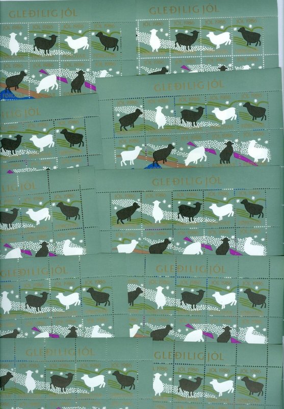 Faroe Islands. 10 Christmas Seal 1986 Full Sheet Mnh.2 Diff Perf.Ram,Sheep,Snow.