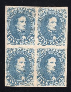 CSA - Fantastic 1862 5¢ Jeff Davis Block of 4 - OG MH - SC# 4   (ref# 239454)