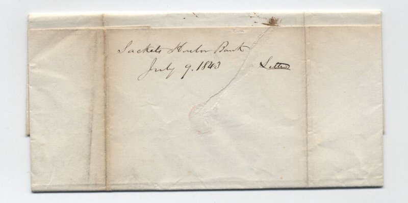 1843 Sackets Harbor NY red cDS and paid stampless letter to Albany [6526.482]