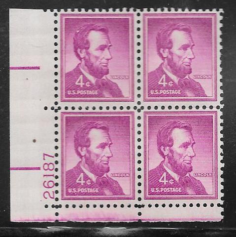 US#1036 4c Lincoln Plate block of 4 (MNH) CV $1.00