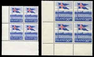 Iceland #313-314 Cat$48, 1958 Iceland Flag, set of two in blocks of four, nev...