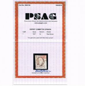 GENUINE SCOTT 1 USED 1847 RED BROWN SHEET MARGIN WITH RED GRID CANCEL PSAG CERT