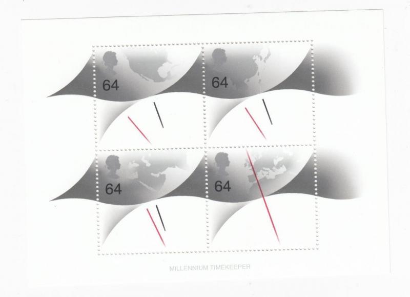GB  #1889  1999 MILLENIUM CLOCK AND GLOBE SOUVENIR SHEET OF 4 POST OFFICE FRESH