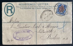 1907 Malta Registered Postal Stationery Cover To Berlin Germany Cross Cancel