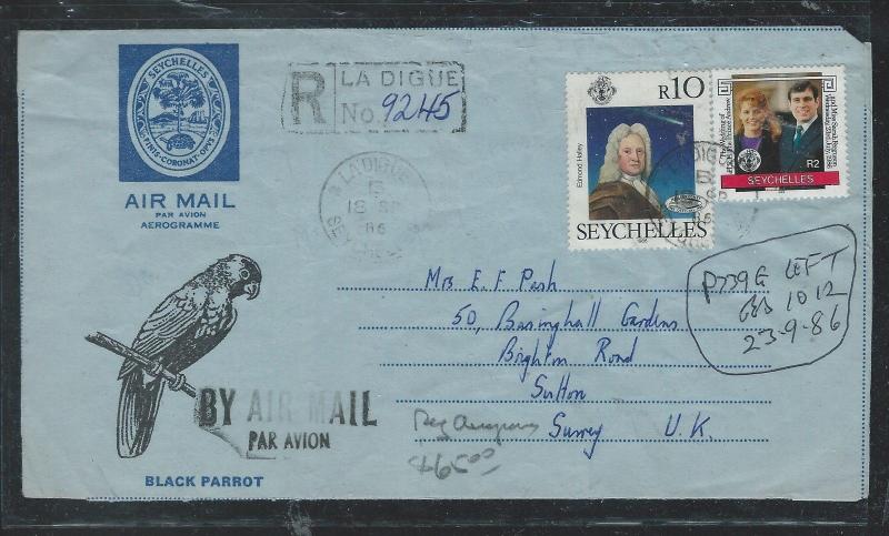 SEYCHELLES (P1210B) 1986 REG FORMULA AEROGRAMME FROM LA DIGUE TO ENGLAND  SCARCE