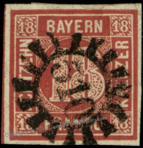 German Bavaria Mi 13a 18Kr 4 Margin Imperf 510 Cogwheel Cancel 28448