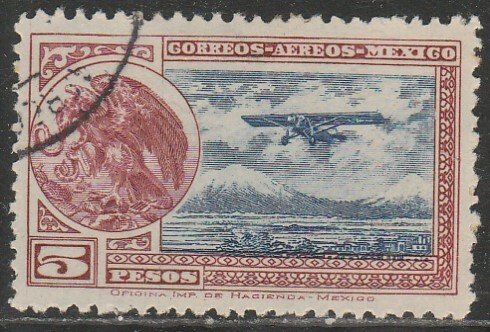 MEXICO C18, $5P AIRPLANE & COAT OF ARMS. USED. VF.