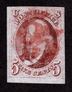 US 1 5c Franklin Used VF-XF w/ Double Struck 5 Numeric Cancel SCV $500