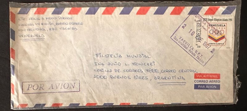 CM) 1997. VENEZUELA. ATLANTA OLYMPIC GAMES. ENVELOPE SENT ARGENTINA. XF